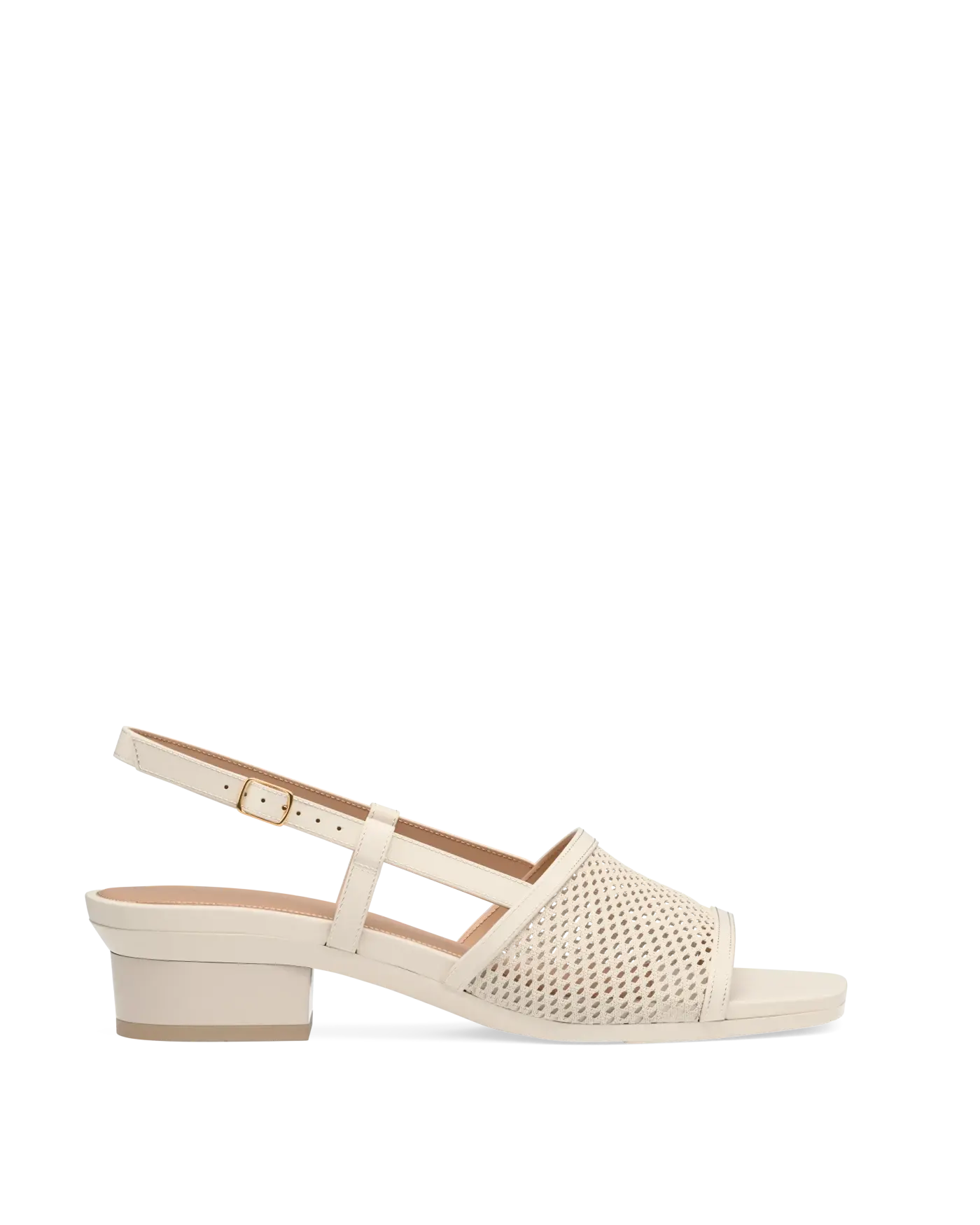 ivory, open toe mule sandal with mesh detail and adjustable strap with a block heel