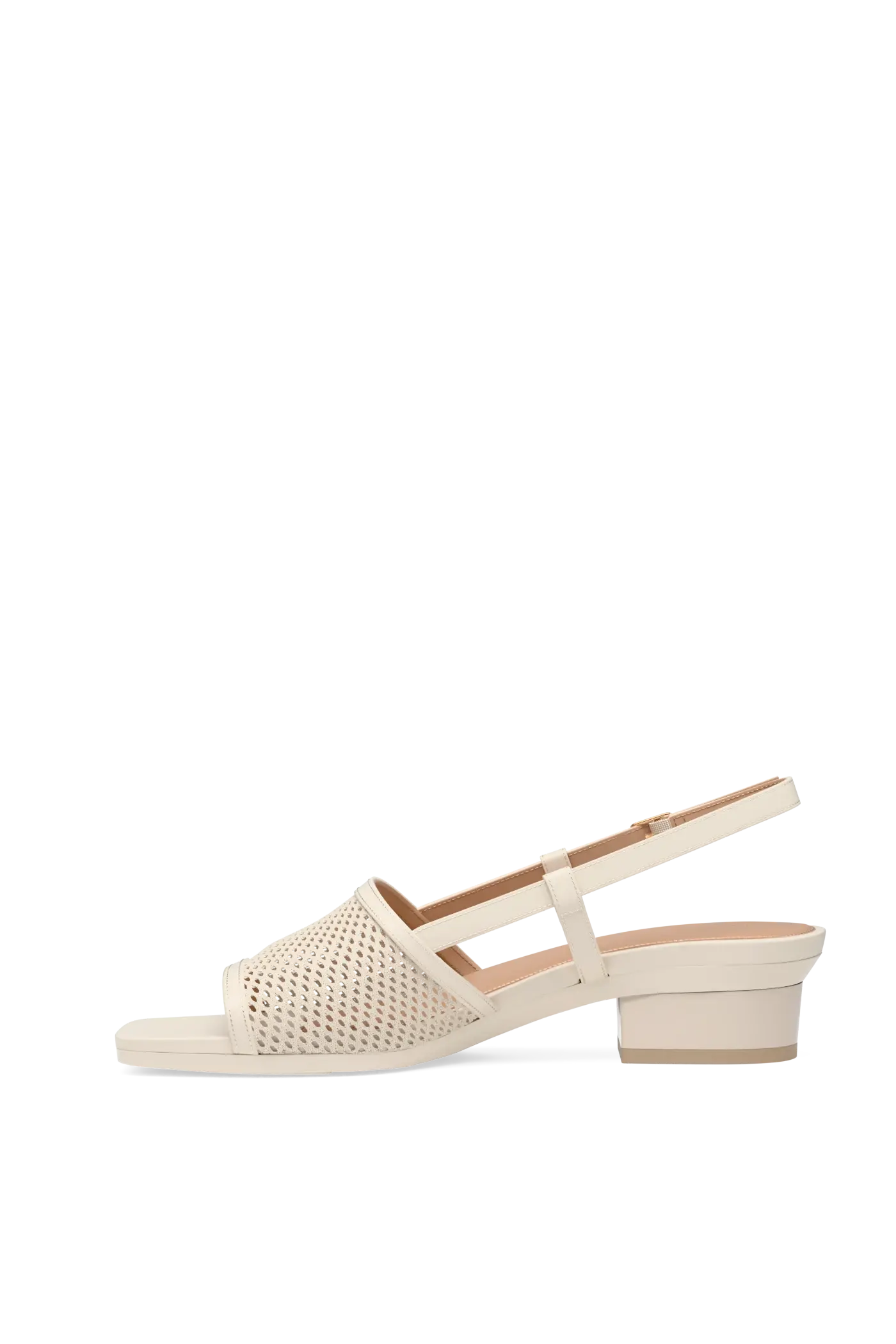 ivory, open toe mule sandal with mesh detail and adjustable strap with a block heel