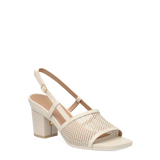 ivory, open toe mule sandal with mesh detail and adjustable strap with a block heel
