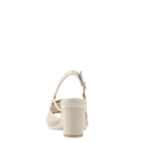 ivory, open toe mule sandal with mesh detail and adjustable strap with a block heel