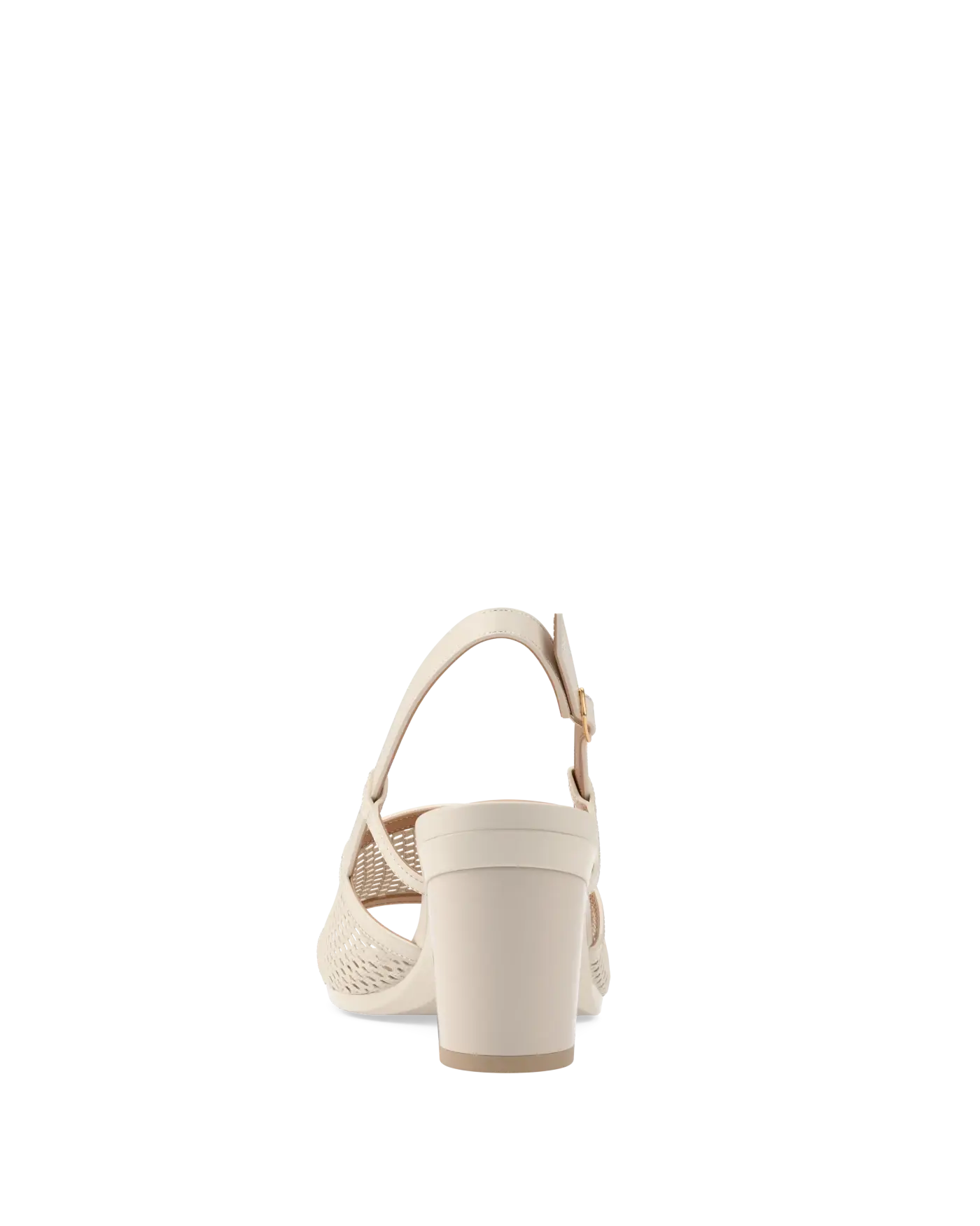 ivory, open toe mule sandal with mesh detail and adjustable strap with a block heel