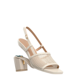 ivory, open toe mule sandal with mesh detail and adjustable strap with a block heel