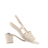 ivory, open toe mule sandal with mesh detail and adjustable strap with a block heel