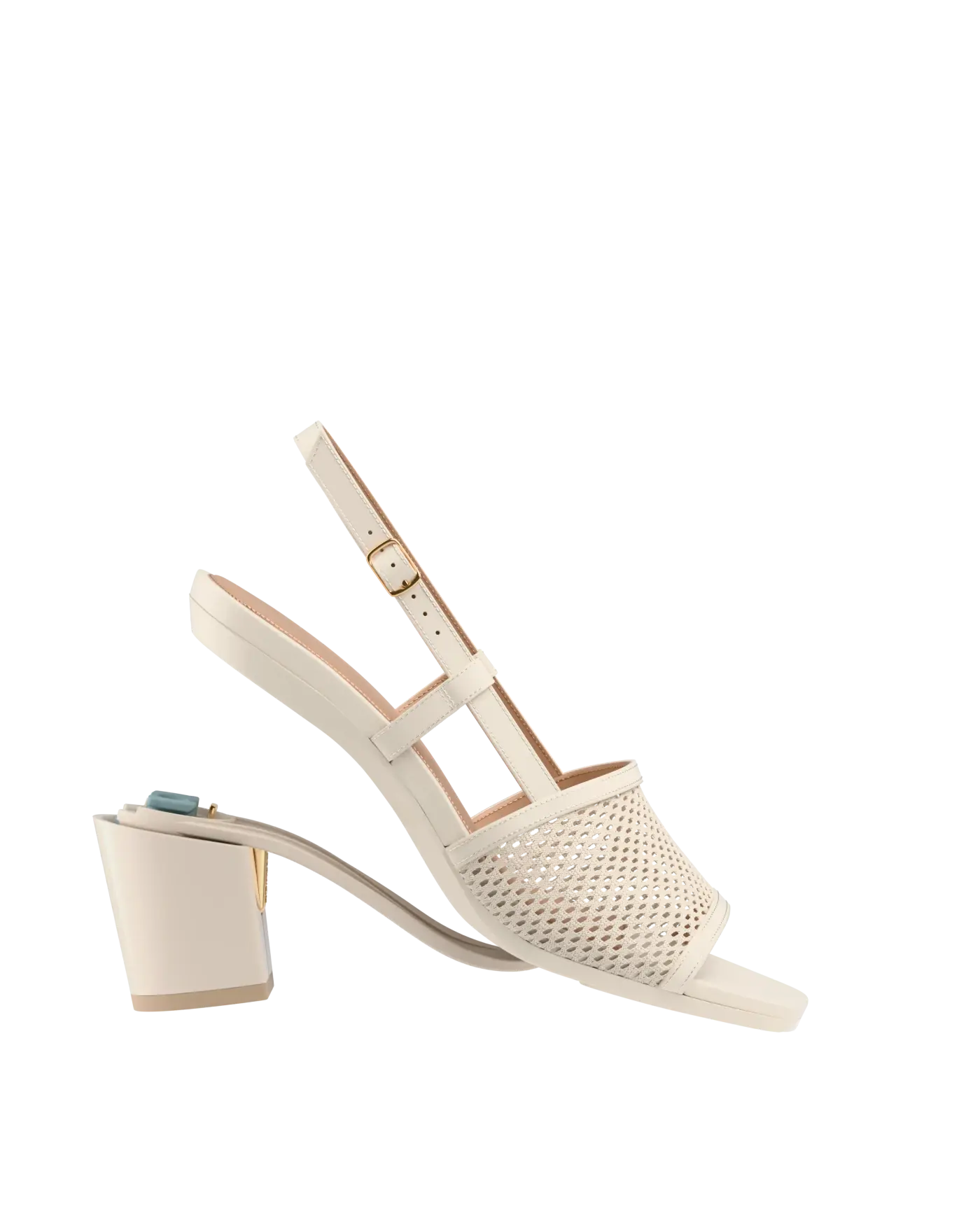 ivory, open toe mule sandal with mesh detail and adjustable strap with a block heel