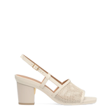 ivory, open toe mule sandal with mesh detail and adjustable strap with a block heel