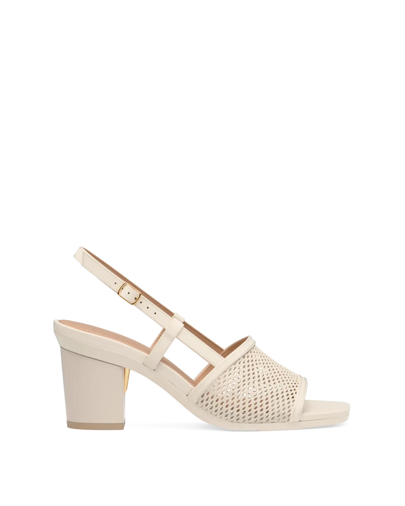 ivory, open toe mule sandal with mesh detail and adjustable strap with a block heel