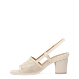ivory, open toe mule sandal with mesh detail and adjustable strap with a flare stiletto heel