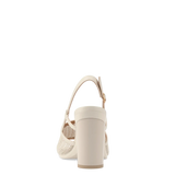 ivory, open toe mule sandal with mesh detail and adjustable strap with a block heel