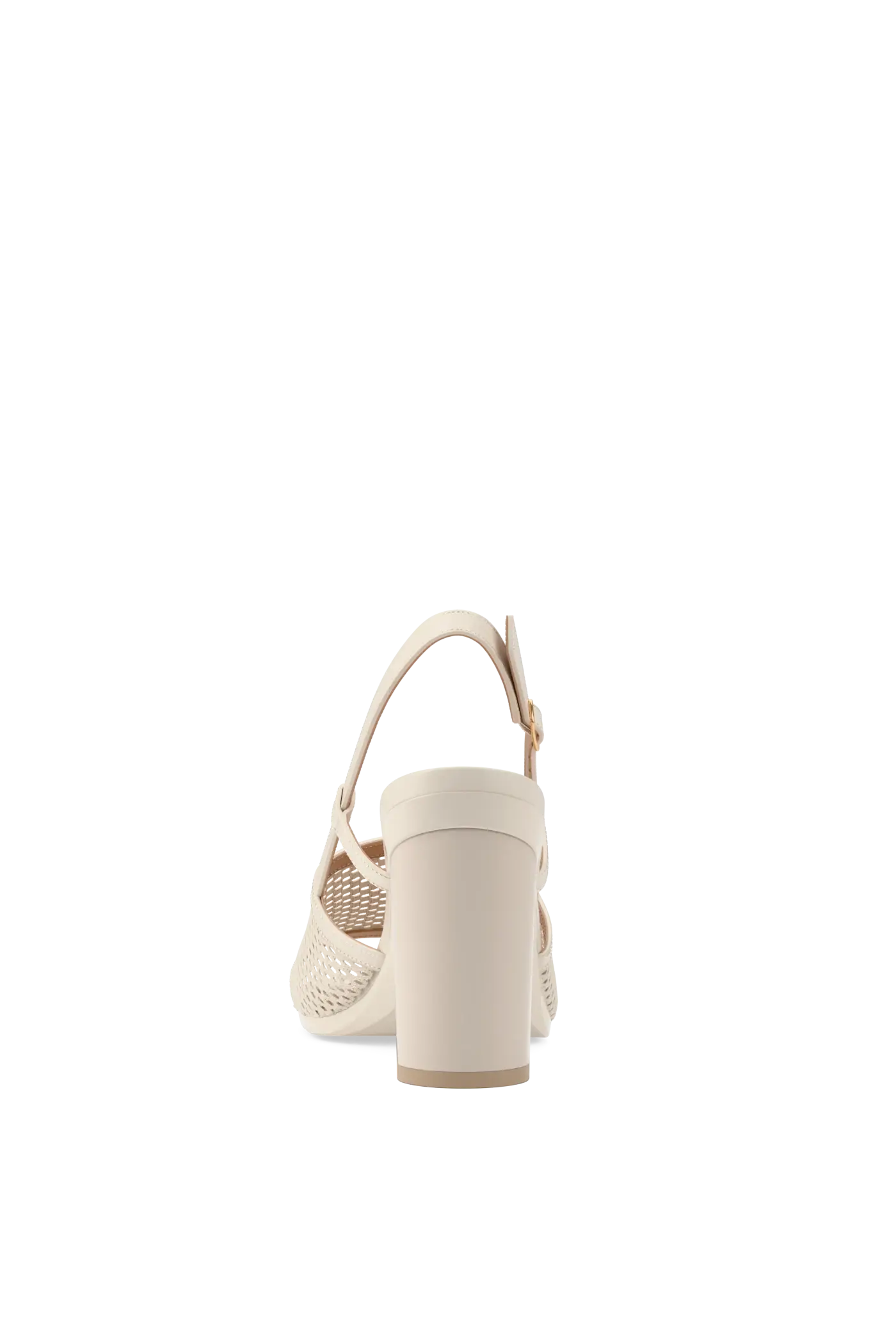 ivory, open toe mule sandal with mesh detail and adjustable strap with a block heel