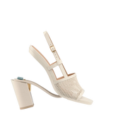 ivory, open toe mule sandal with mesh detail and adjustable strap with a block heel