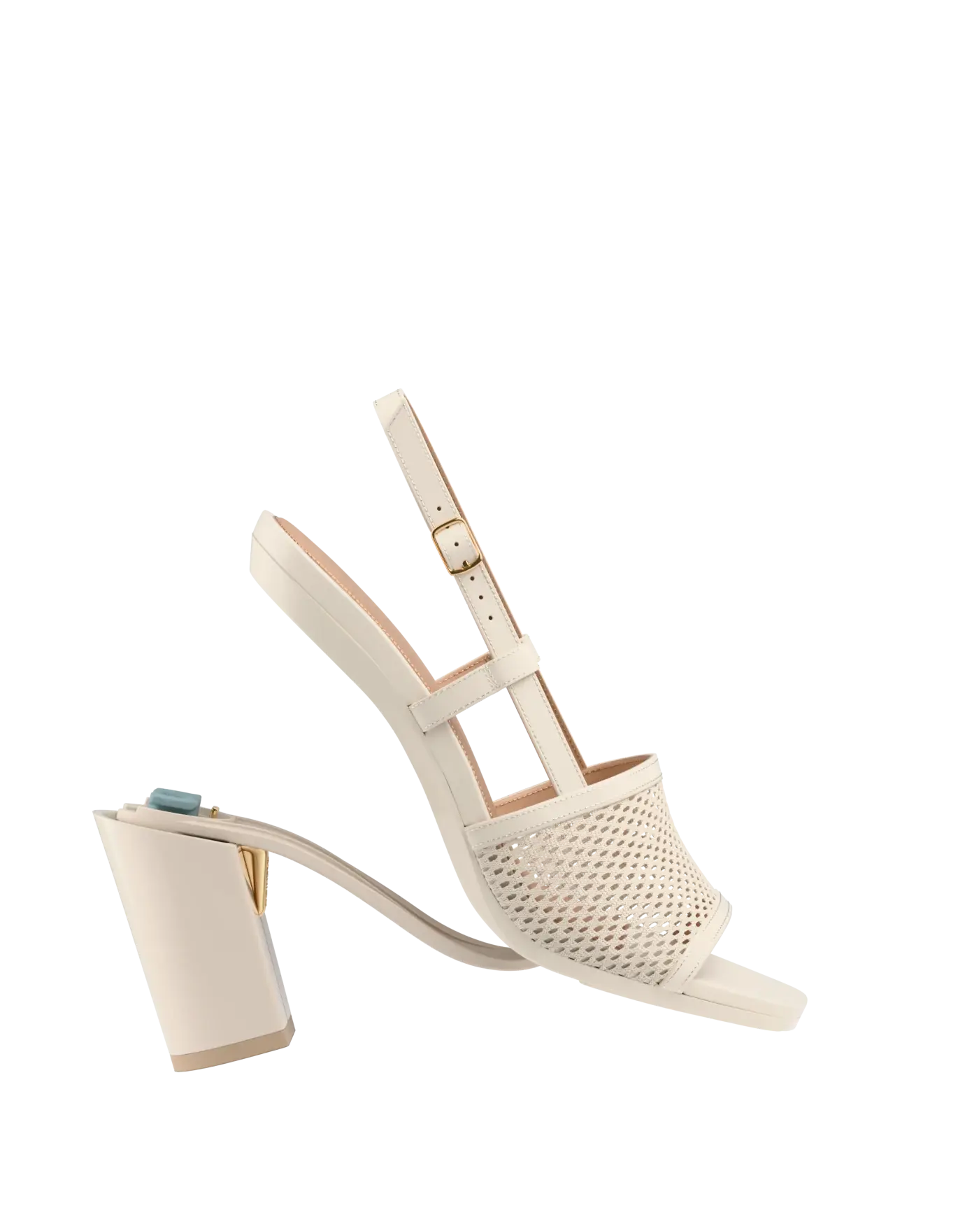 ivory, open toe mule sandal with mesh detail and adjustable strap with a block heel