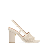 ivory, open toe mule sandal with mesh detail and adjustable strap with a block heel
