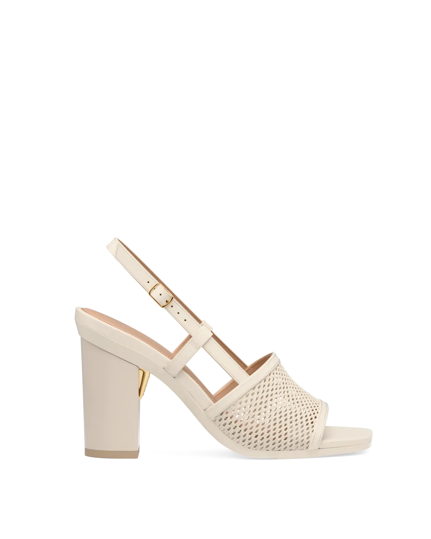 ivory, open toe mule sandal with mesh detail and adjustable strap with a block heel