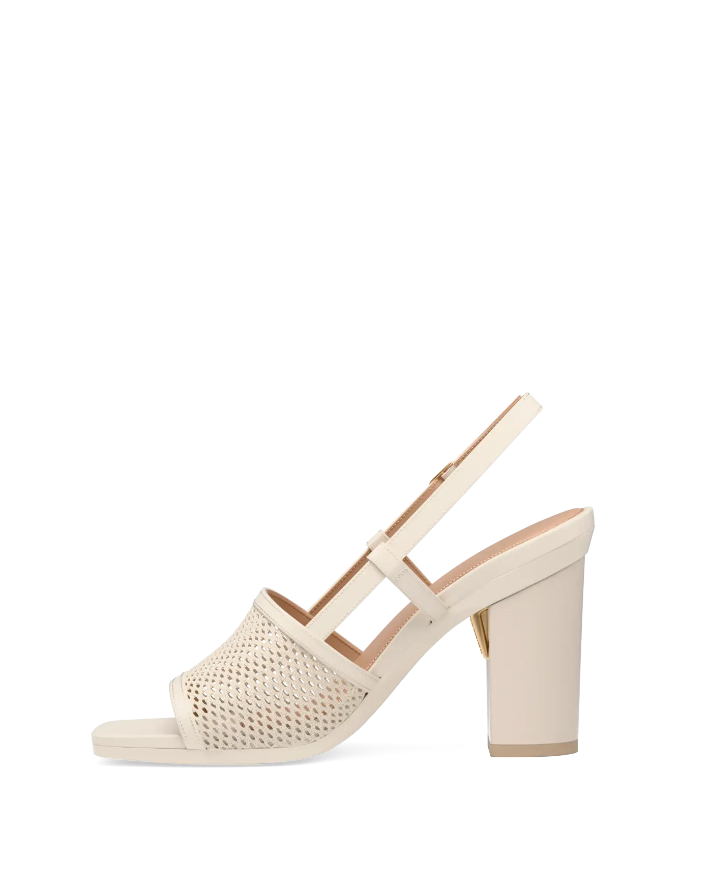 ivory, open toe mule sandal with mesh detail and adjustable strap with a block heel