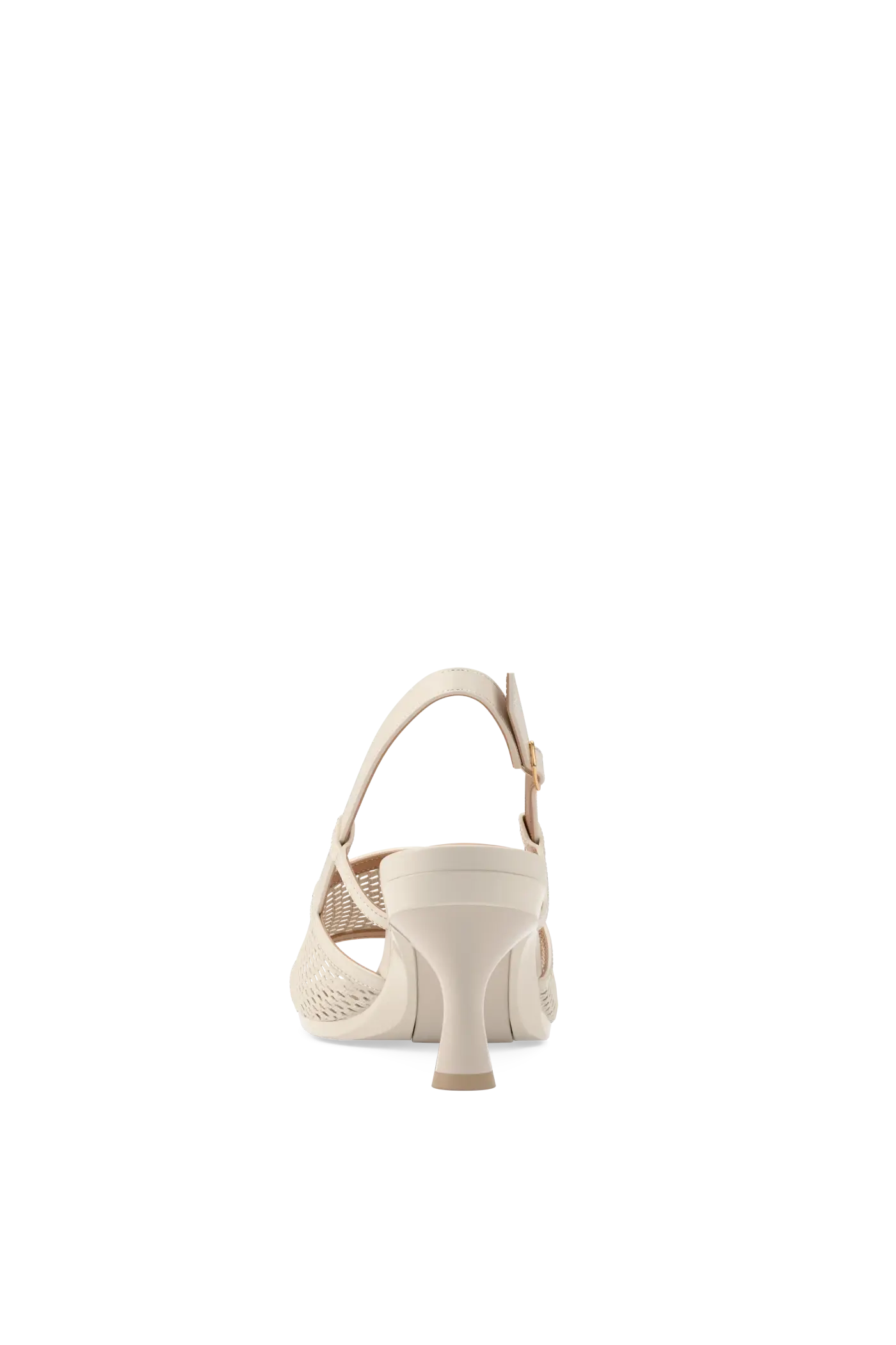 ivory, open toe mule sandal with mesh detail and adjustable strap with a flare stiletto heel