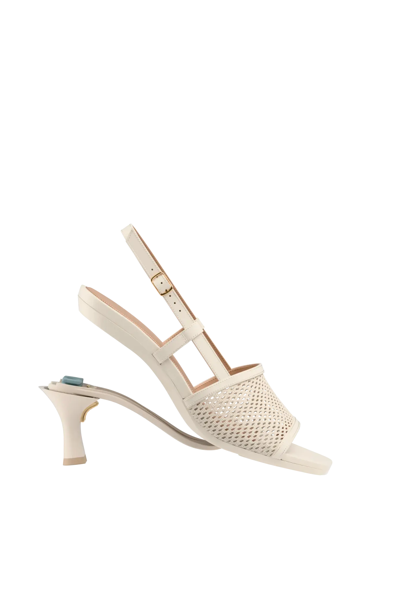 ivory, open toe mule sandal with mesh detail and adjustable strap with a flare stiletto heel