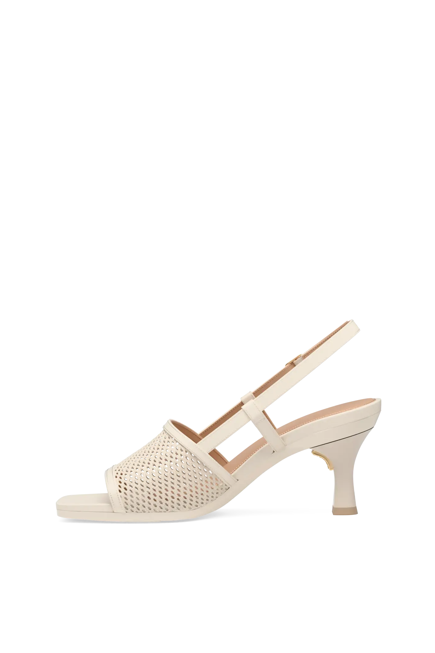 ivory, open toe mule sandal with mesh detail and adjustable strap with a flare stiletto heel