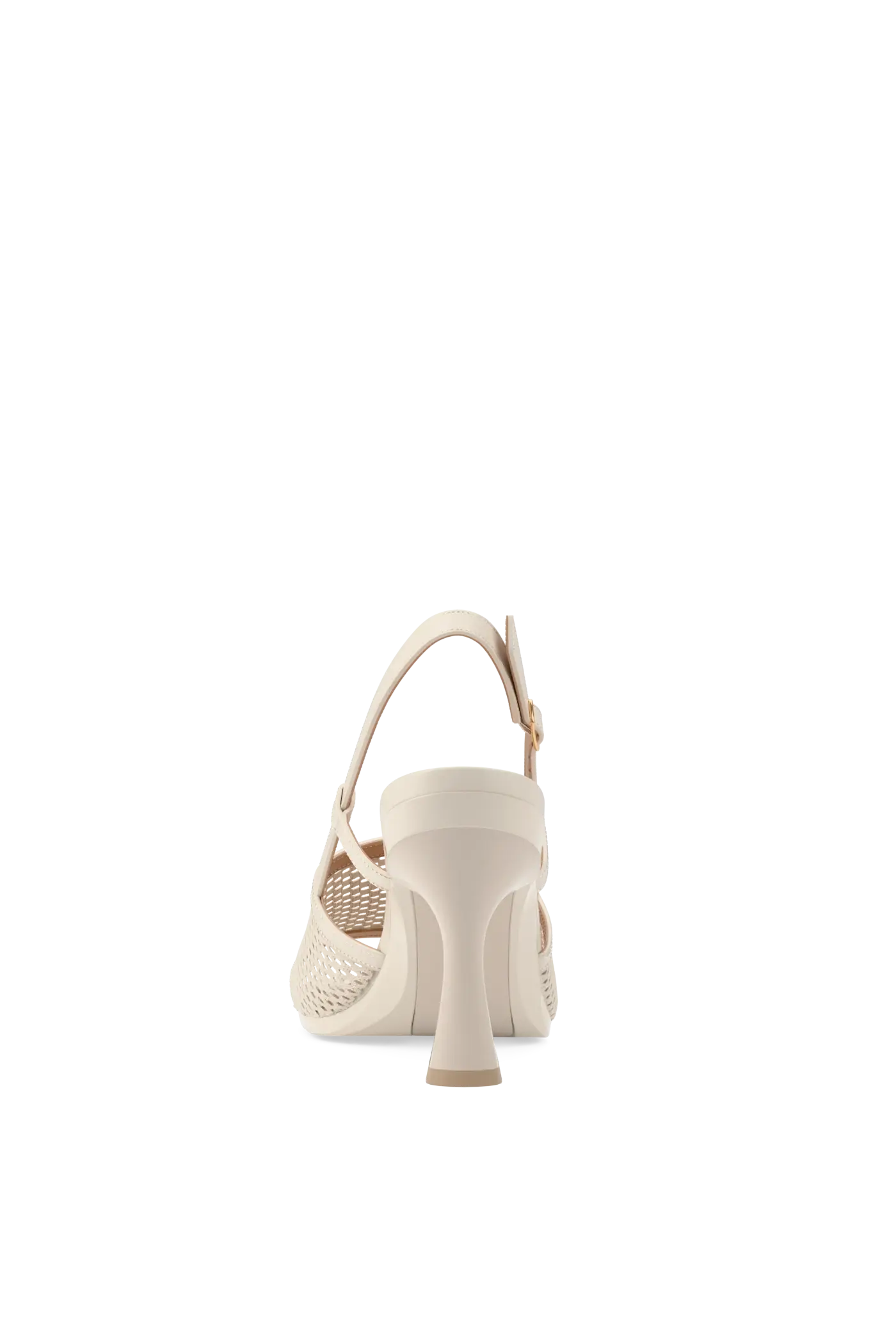 ivory, open toe mule sandal with mesh detail and adjustable strap with a flare stiletto heel
