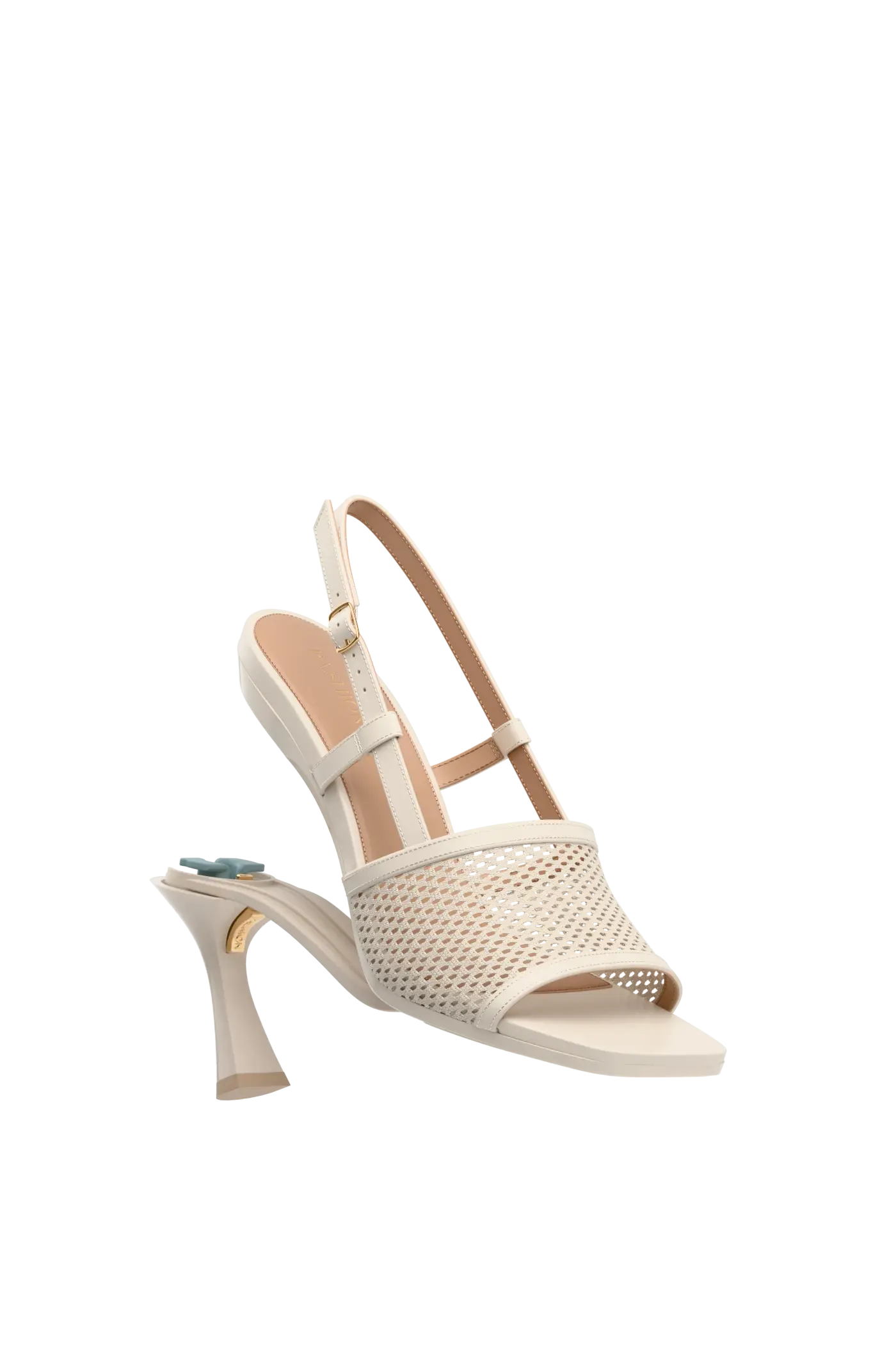 ivory, open toe mule sandal with mesh detail and adjustable strap with a flare stiletto heel