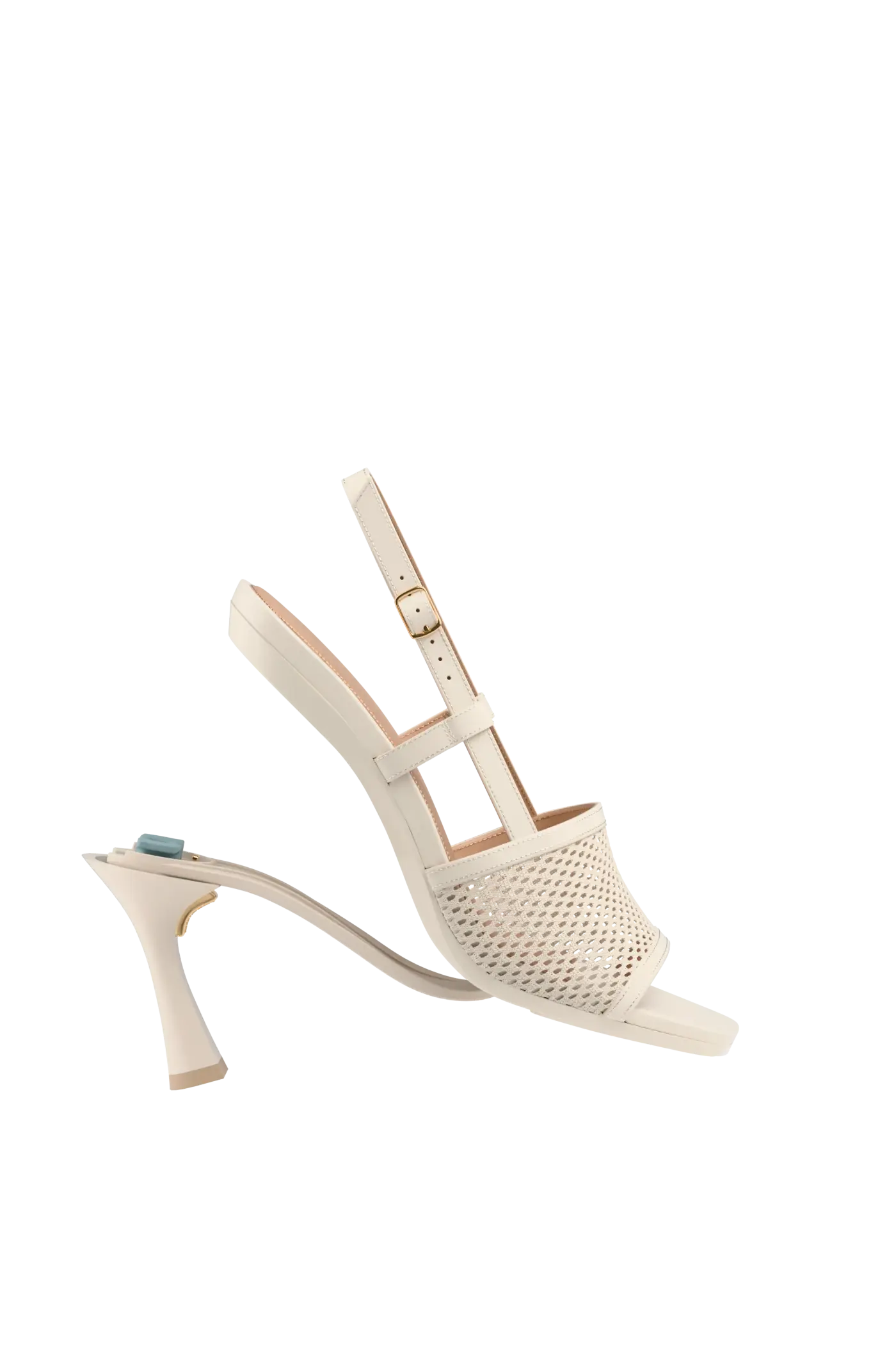 ivory, open toe mule sandal with mesh detail and adjustable strap with a flare stiletto heel