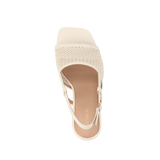 ivory, open toe mule sandal with mesh detail and adjustable strap with a block heel