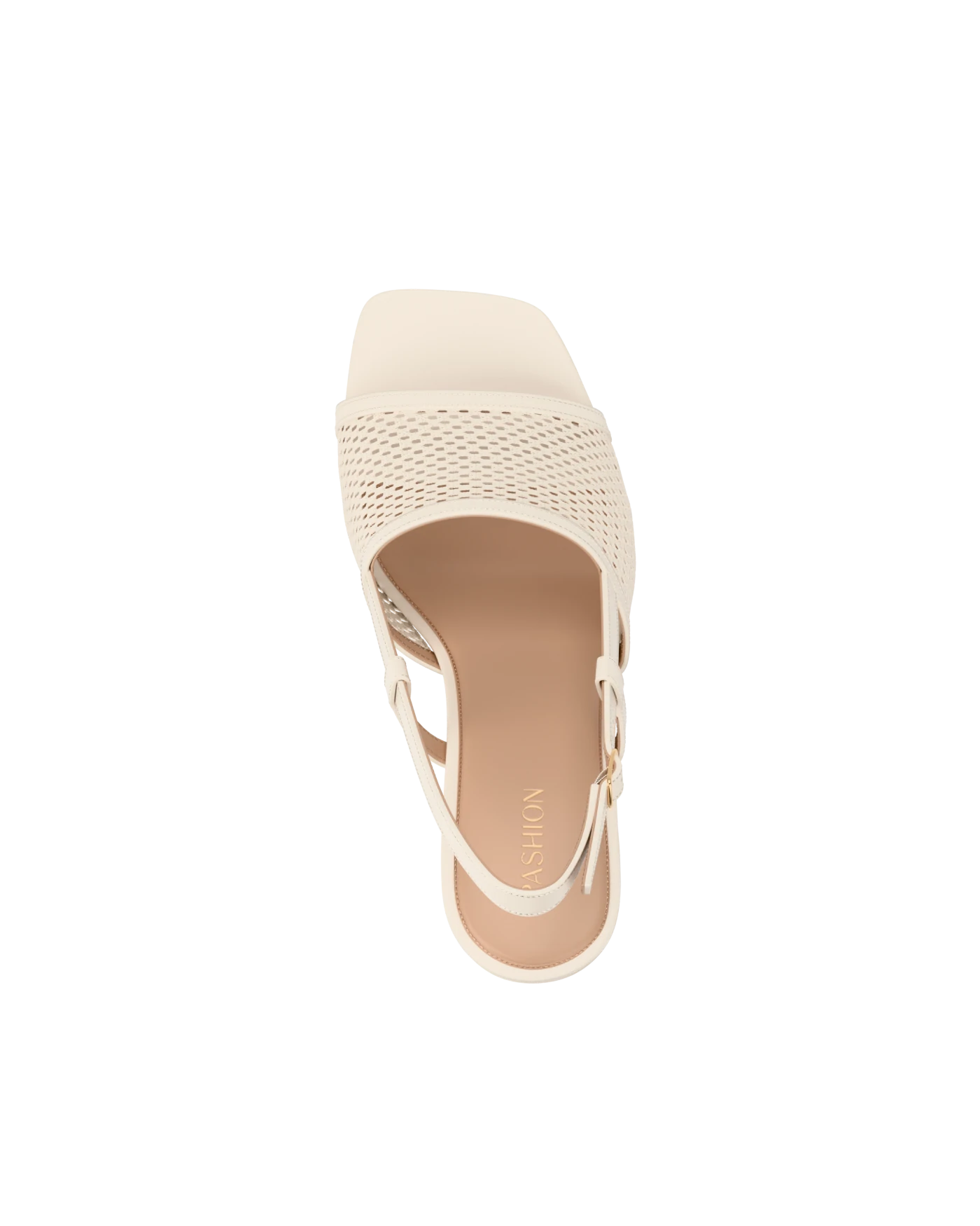 ivory, open toe mule sandal with mesh detail and adjustable strap with a block heel