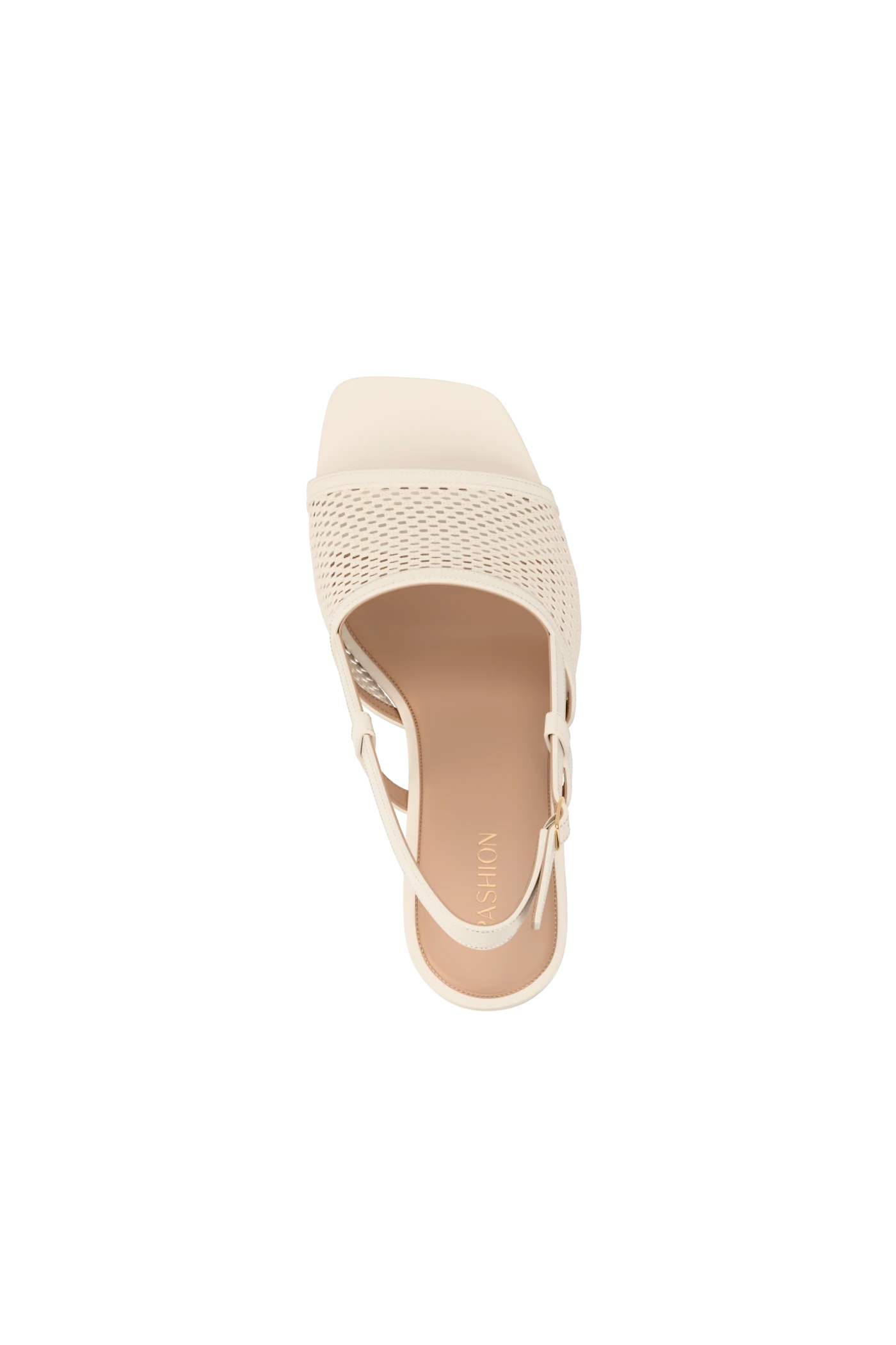 ivory, open toe mule sandal with mesh detail and adjustable strap with a block heel