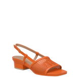 orange, open toe mule sandal with mesh detail and adjustable strap with a block heel
