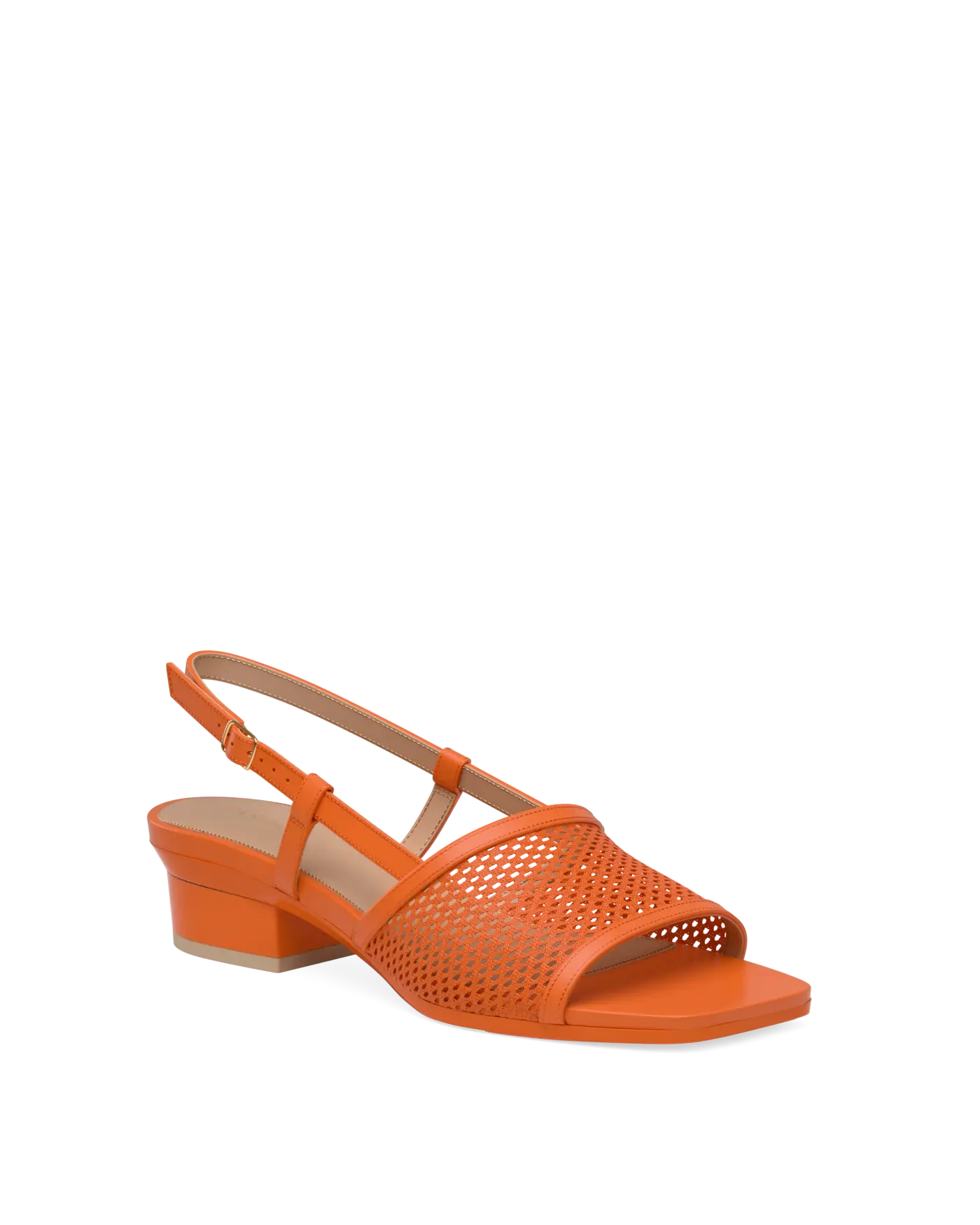 orange, open toe mule sandal with mesh detail and adjustable strap with a block heel