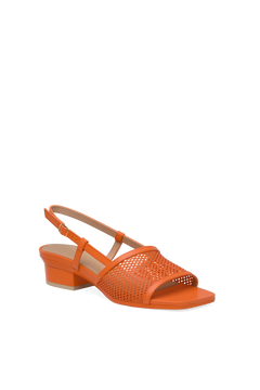 orange open toe mule sandal with mesh detail and adjustable strap and kitten block heel