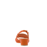 orange open toe mule sandal with mesh detail and adjustable strap and kitten block heel