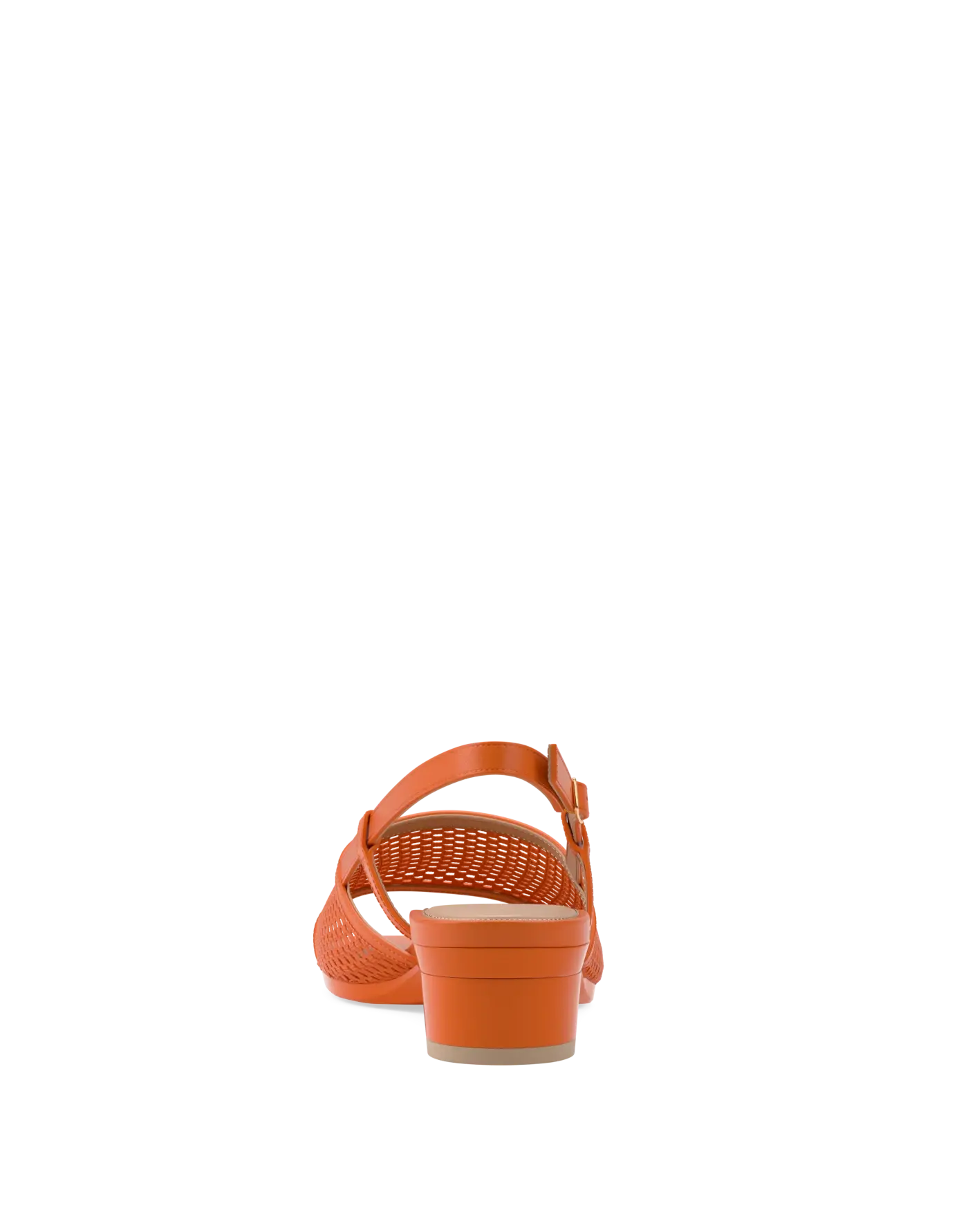 orange open toe mule sandal with mesh detail and adjustable strap and kitten block heel