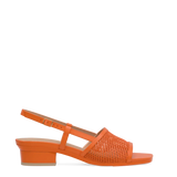 orange open toe mule sandal with mesh detail and adjustable strap and kitten block heel