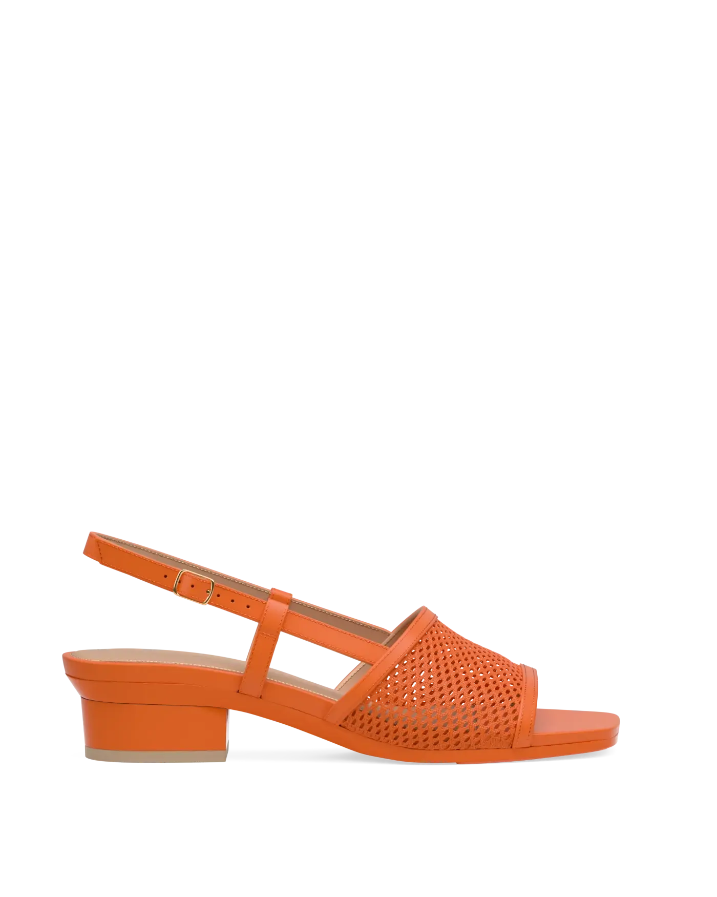 orange open toe mule sandal with mesh detail and adjustable strap and kitten block heel