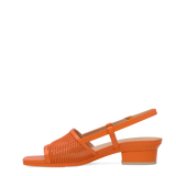 orange open toe mule sandal with mesh detail and adjustable strap and kitten block heel
