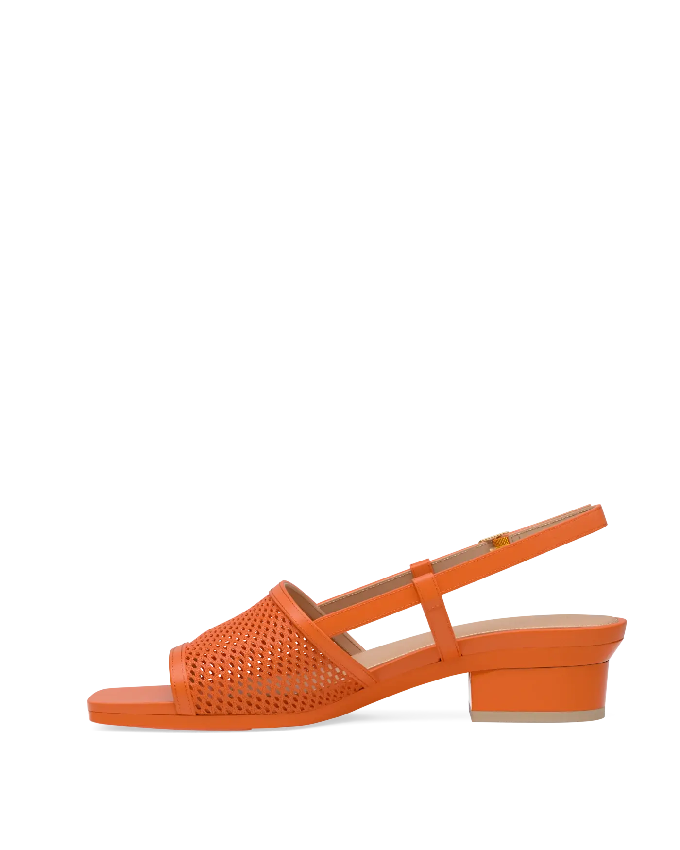 orange open toe mule sandal with mesh detail and adjustable strap and kitten block heel