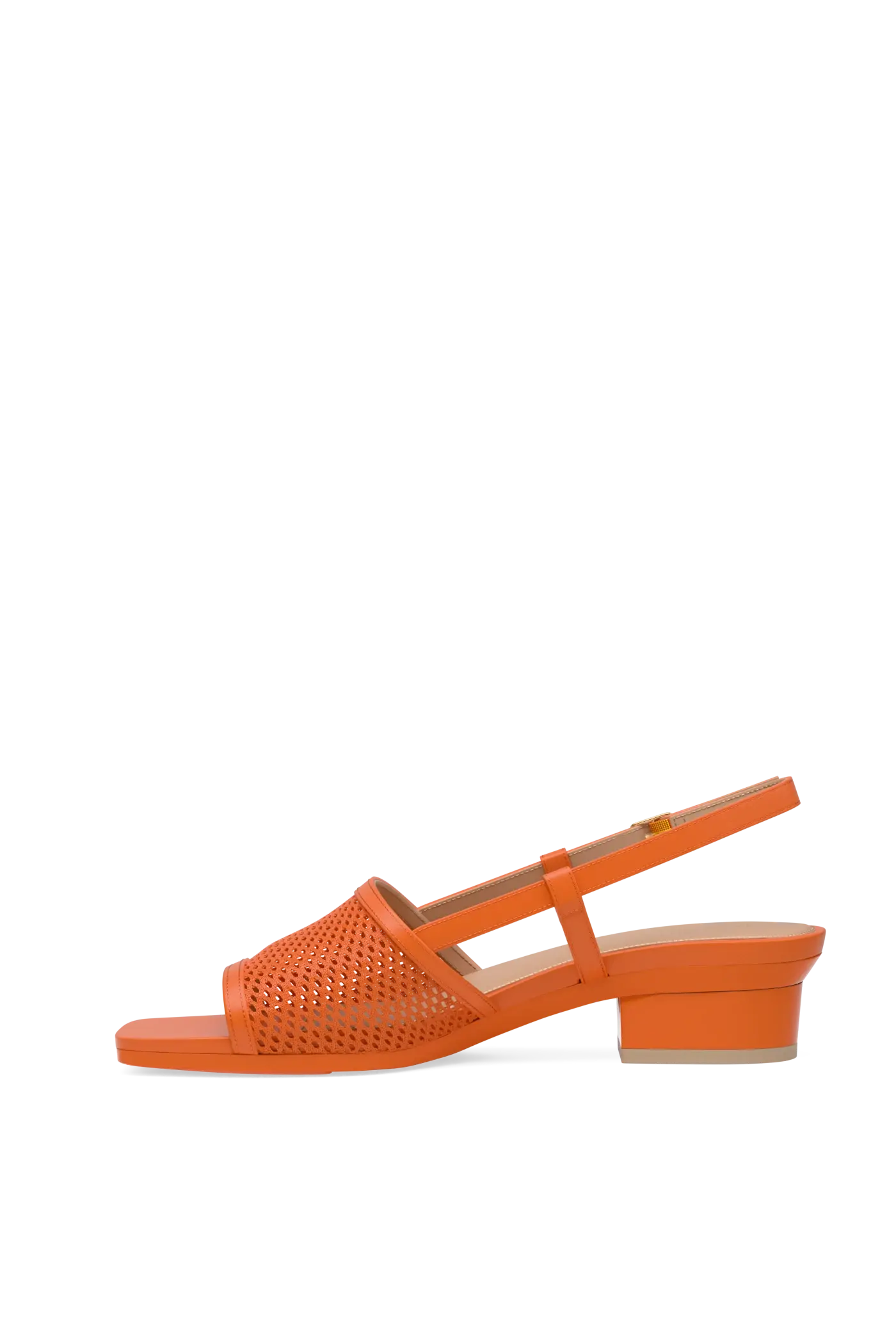 orange open toe mule sandal with mesh detail and adjustable strap and kitten block heel
