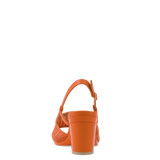 orange, open toe mule sandal with mesh detail and adjustable strap with a block heel