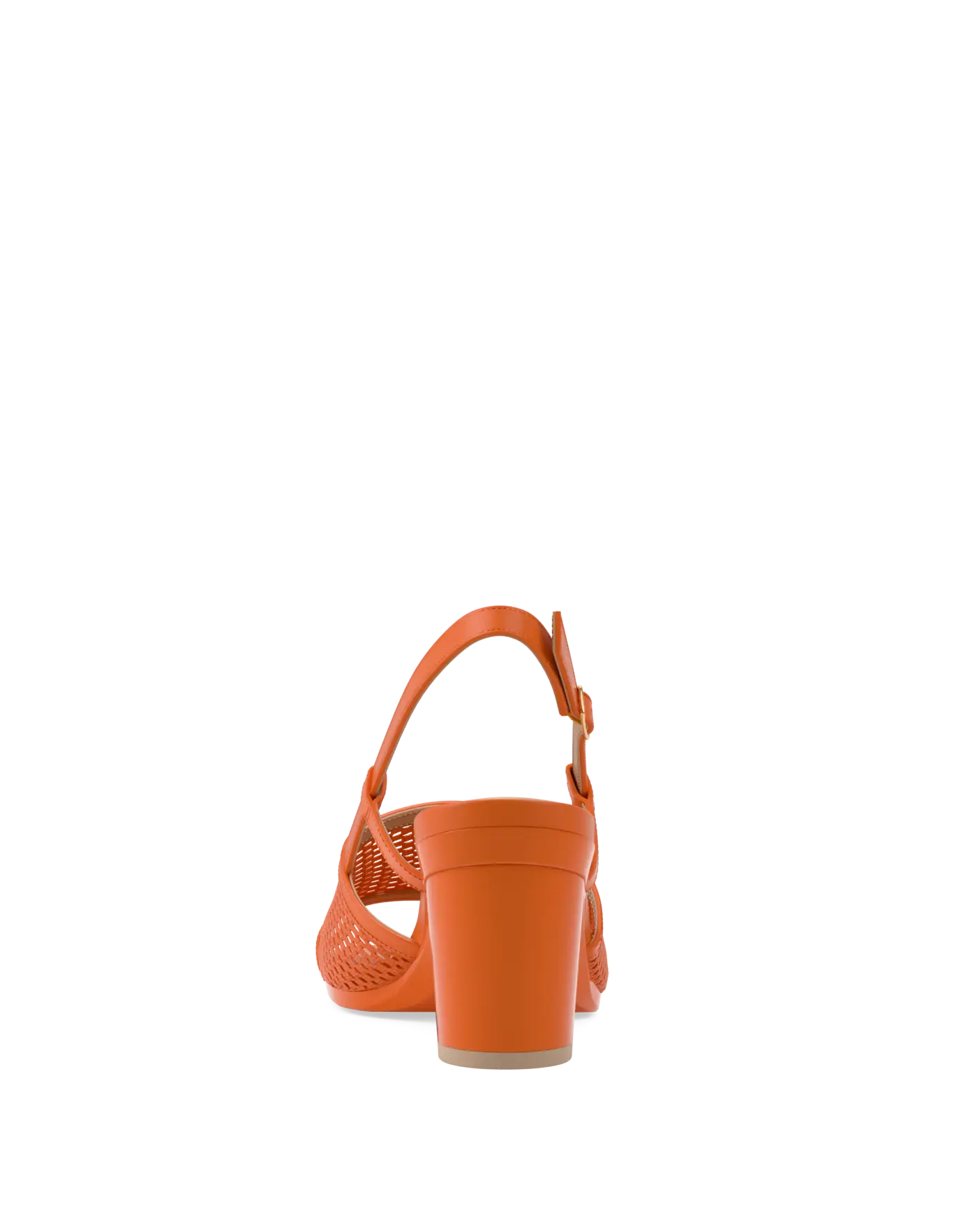 orange, open toe mule sandal with mesh detail and adjustable strap with a block heel