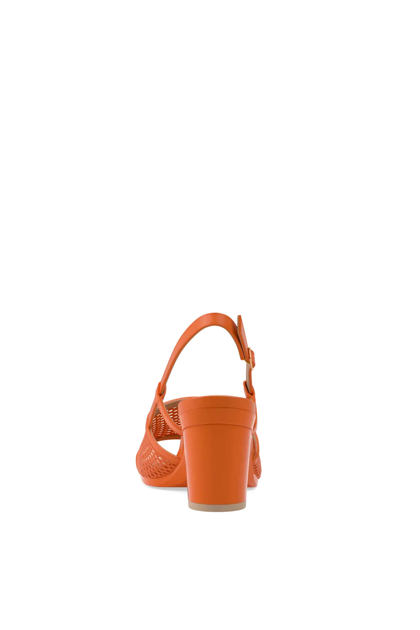 orange, open toe mule sandal with mesh detail and adjustable strap with a block heel