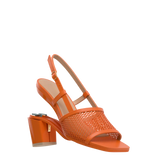 a convertible, orange, open toe mule sandal with mesh detail and adjustable strap with a block heel