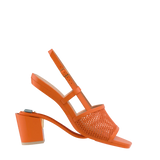 a convertible, orange, open toe mule sandal with mesh detail and adjustable strap with a block heel