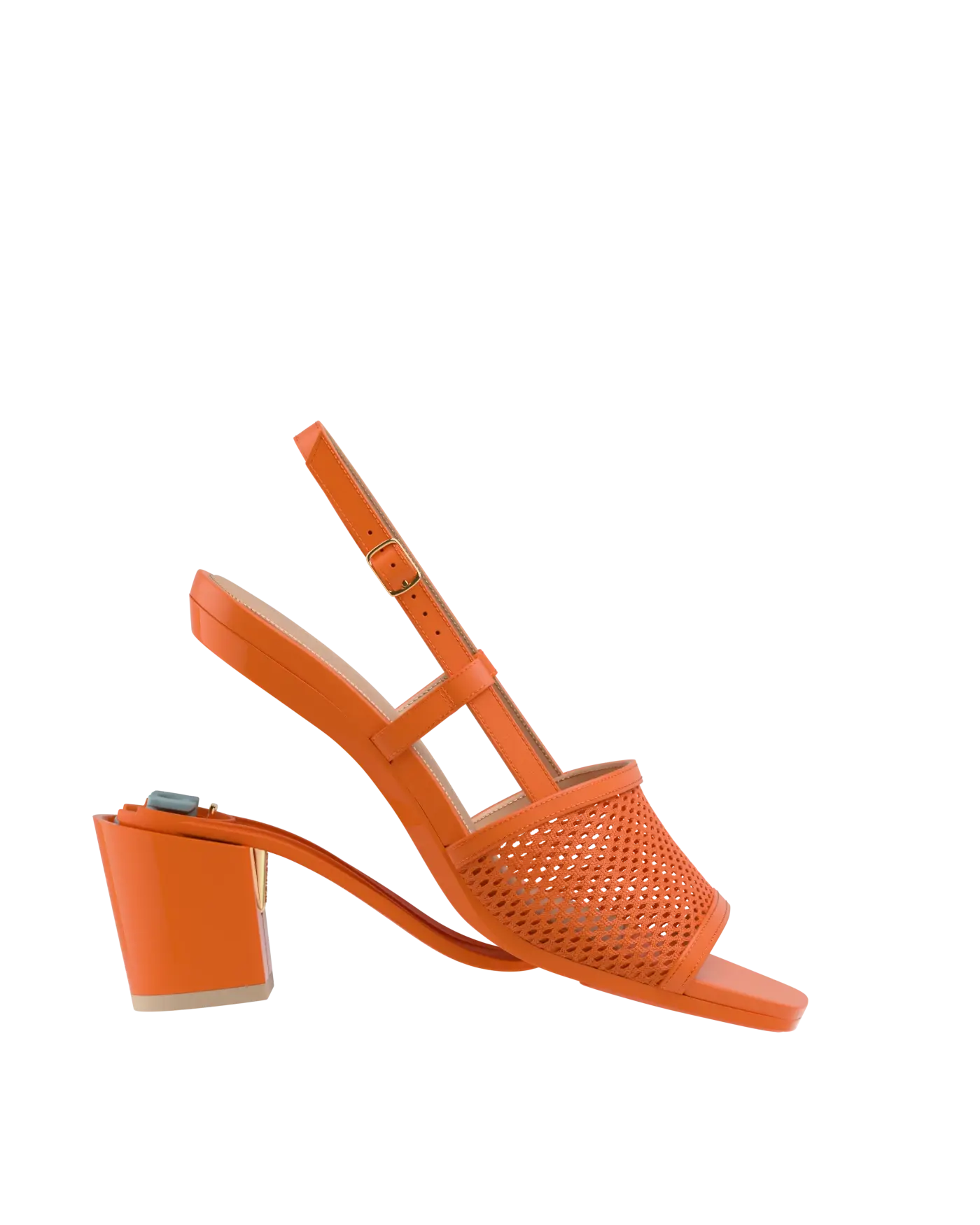 a convertible, orange, open toe mule sandal with mesh detail and adjustable strap with a block heel