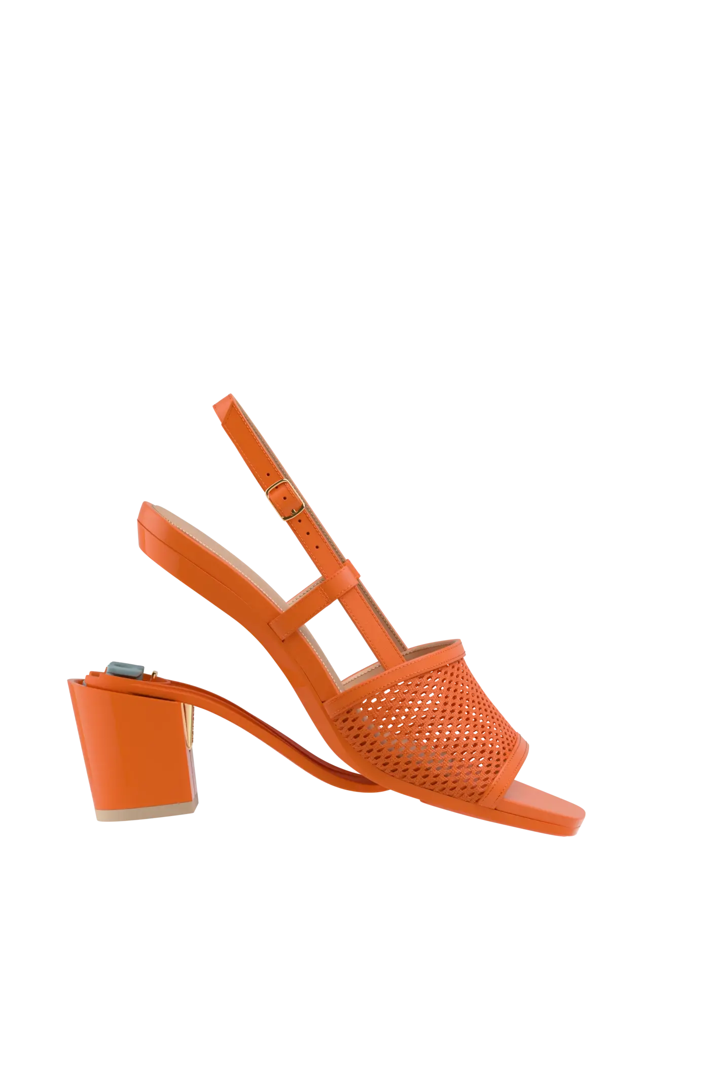 a convertible, orange, open toe mule sandal with mesh detail and adjustable strap with a block heel