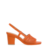 orange, open toe mule sandal with mesh detail and adjustable strap with a block heel