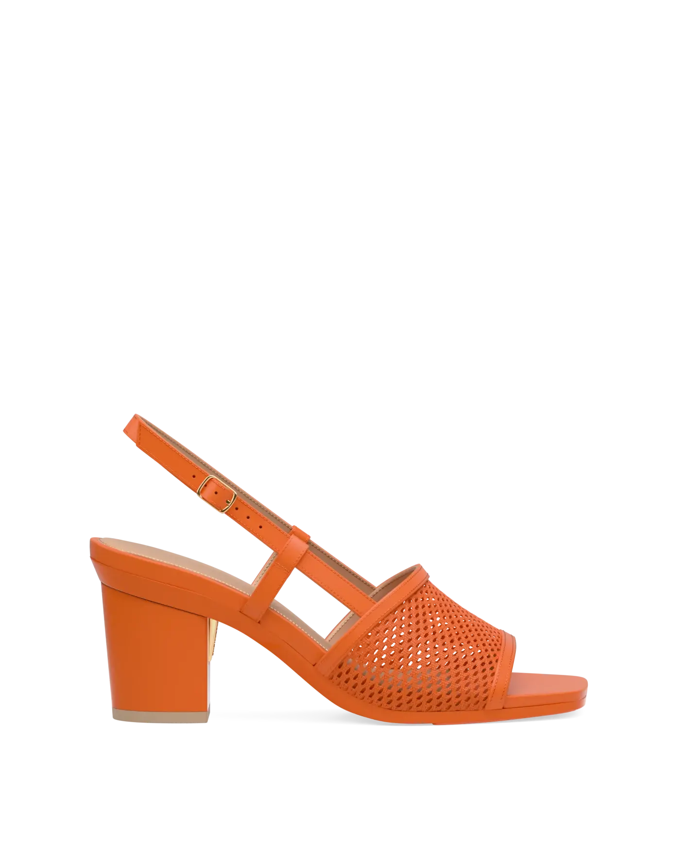 orange, open toe mule sandal with mesh detail and adjustable strap with a block heel