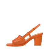 orange, open toe mule sandal with mesh detail and adjustable strap with a block heel