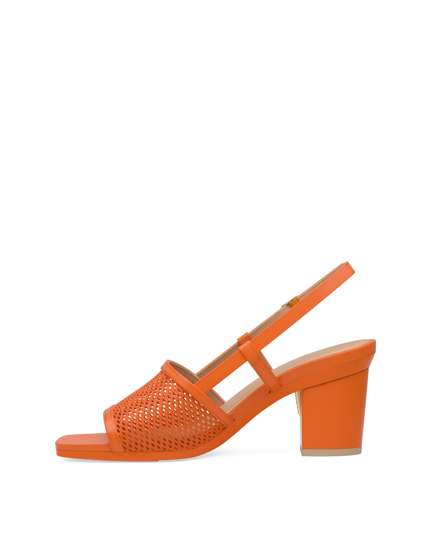 orange, open toe mule sandal with mesh detail and adjustable strap with a block heel