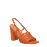 orange, open toe mule sandal with mesh detail and adjustable strap with a block heel