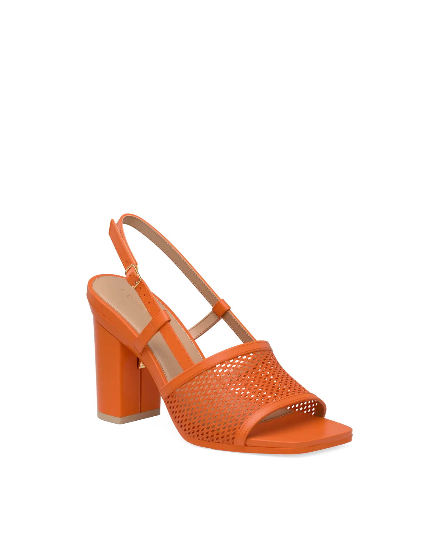 orange, open toe mule sandal with mesh detail and adjustable strap with a block heel